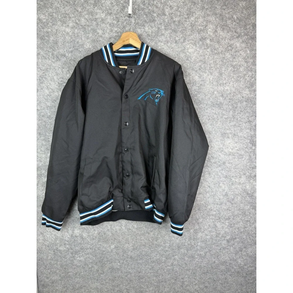 Vintage Carolina Panthers Jacket Men's Large Black Bomber NFL Football Blue Y2K